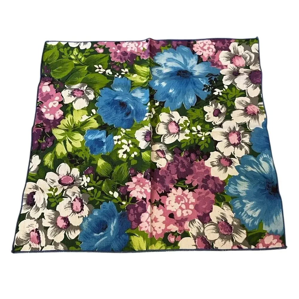 Vintage Lot of 8 Retro Blue Green Purple Flower Cloth Napkins Bright MCM
